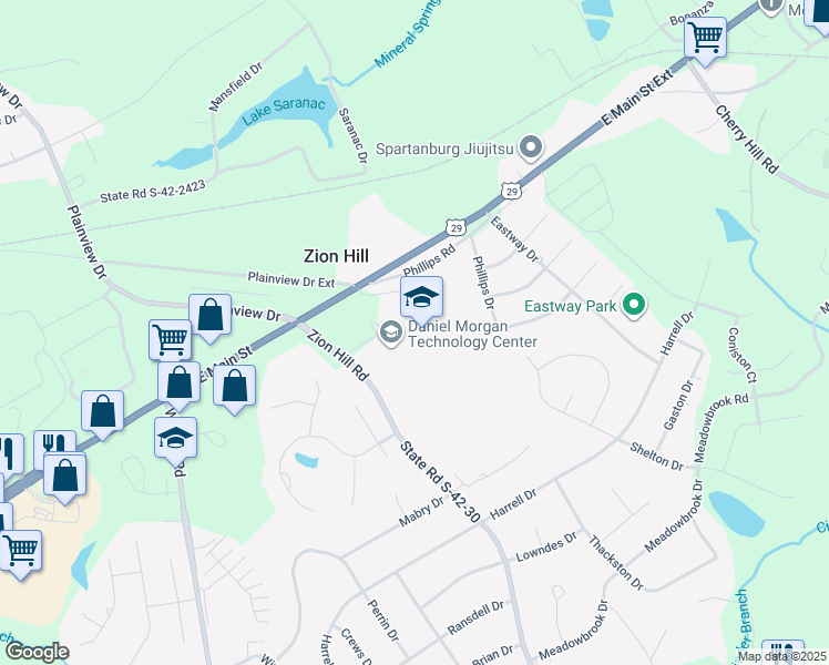 map of restaurants, bars, coffee shops, grocery stores, and more near 201 Zion Hill Road in Spartanburg