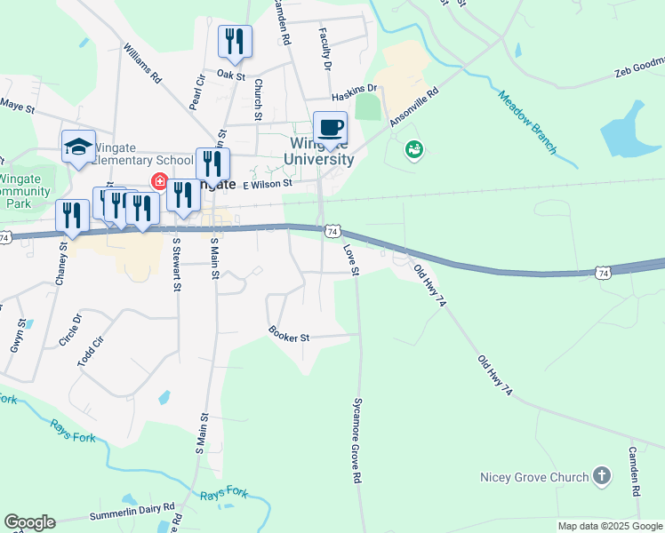 map of restaurants, bars, coffee shops, grocery stores, and more near 107 South Camden Street in Wingate