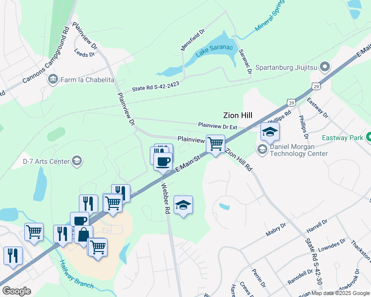map of restaurants, bars, coffee shops, grocery stores, and more near 2780 East Main Street in Spartanburg