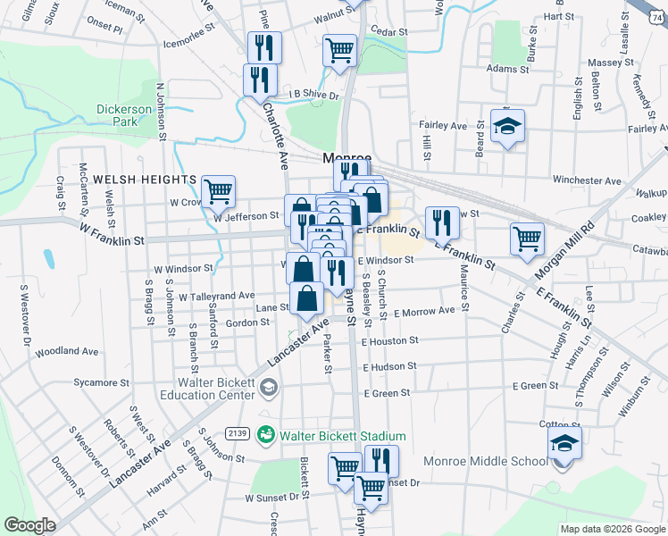 map of restaurants, bars, coffee shops, grocery stores, and more near 100 North Main Street in Monroe