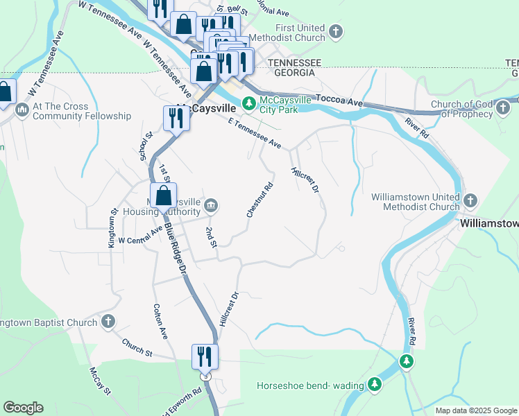 map of restaurants, bars, coffee shops, grocery stores, and more near 455 Chestnut Street in McCaysville