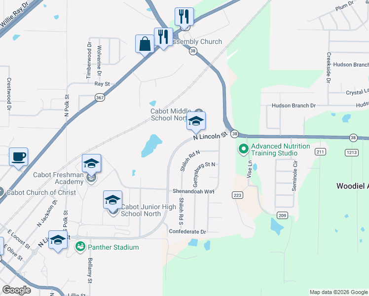 map of restaurants, bars, coffee shops, grocery stores, and more near 1705 North Lincoln Street in Cabot