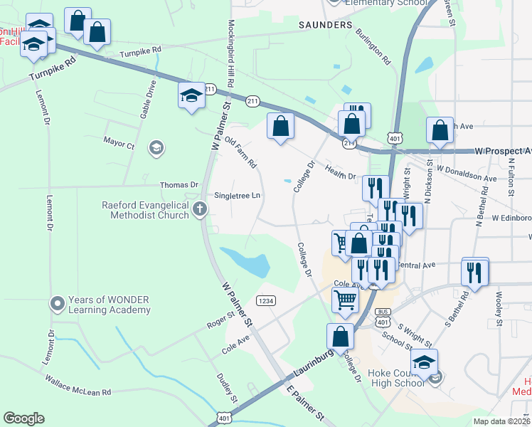 map of restaurants, bars, coffee shops, grocery stores, and more near 206 Old Farm Rd in Raeford