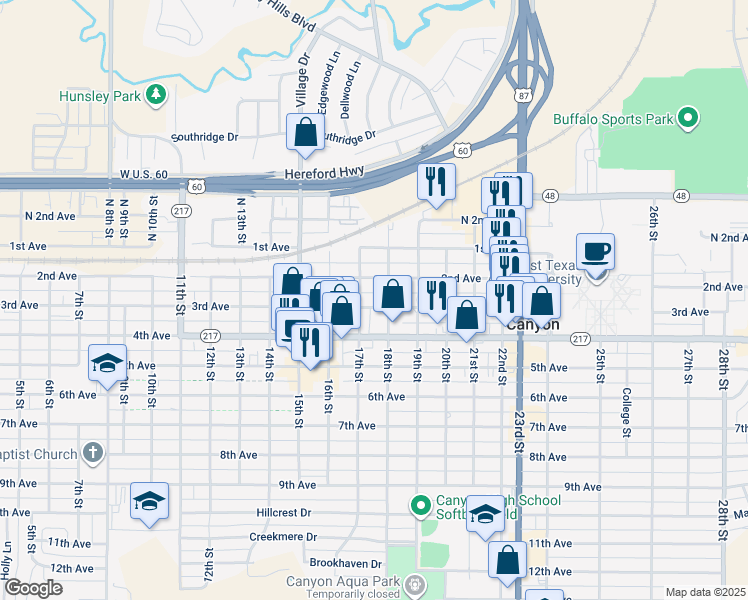 map of restaurants, bars, coffee shops, grocery stores, and more near 1717 3rd Avenue in Canyon