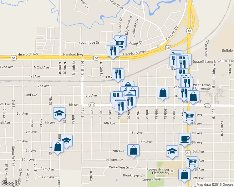 map of restaurants, bars, coffee shops, grocery stores, and more near 1415 3rd Avenue in Canyon