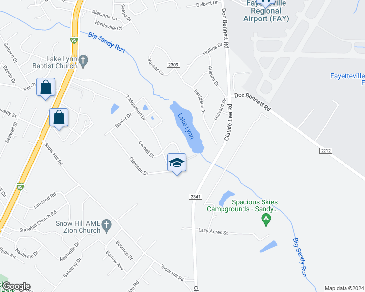 map of restaurants, bars, coffee shops, grocery stores, and more near 3431 Cornell Drive in Fayetteville