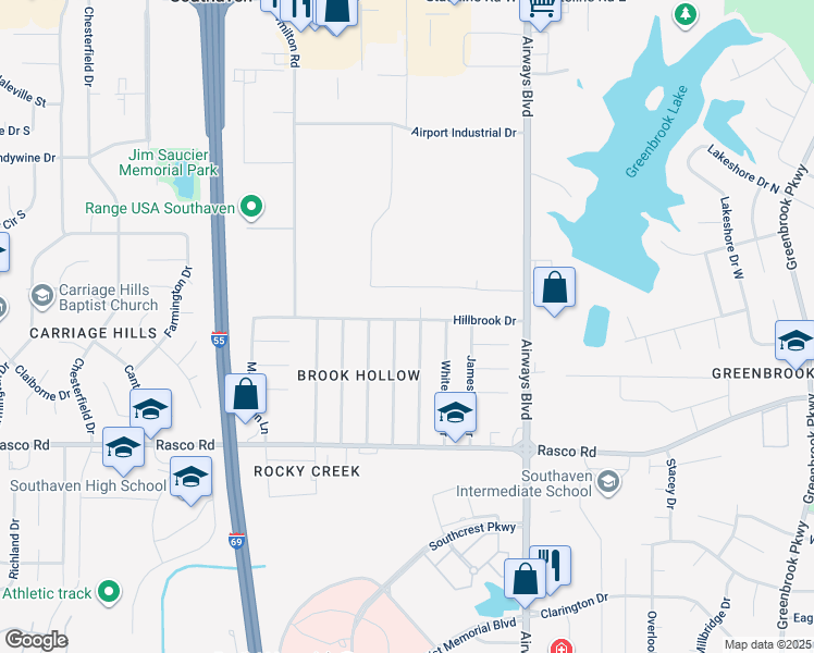 map of restaurants, bars, coffee shops, grocery stores, and more near 263 Hillbrook Drive in Southaven