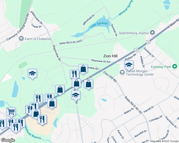 map of restaurants, bars, coffee shops, grocery stores, and more near 2780 East Main Street in Spartanburg