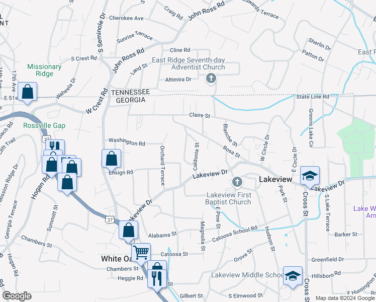map of restaurants, bars, coffee shops, grocery stores, and more near 808 Lafayette Drive in Rossville