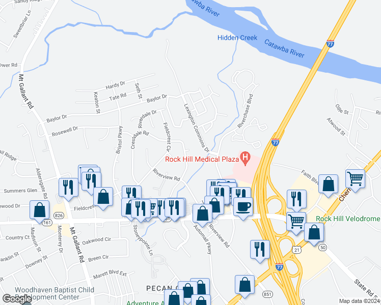 map of restaurants, bars, coffee shops, grocery stores, and more near 1368 Flintwood Drive in Rock Hill