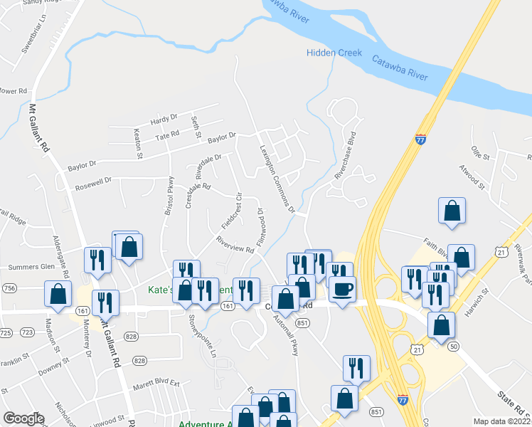 map of restaurants, bars, coffee shops, grocery stores, and more near 1480 Flintwood Drive in Rock Hill