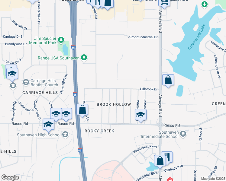 map of restaurants, bars, coffee shops, grocery stores, and more near 379 Hillbrook Drive in Southaven