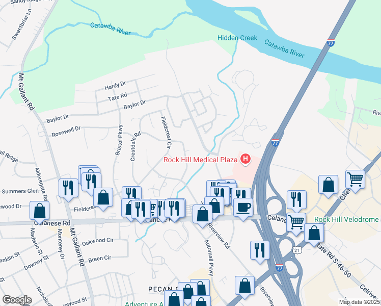 map of restaurants, bars, coffee shops, grocery stores, and more near 1368 Flintwood Drive in Rock Hill