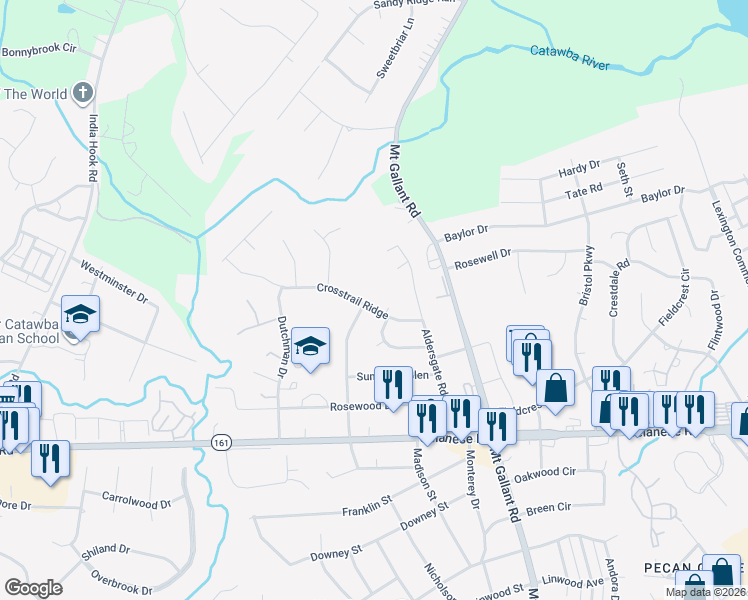 map of restaurants, bars, coffee shops, grocery stores, and more near 2166 Crosstrail Ridge in Rock Hill