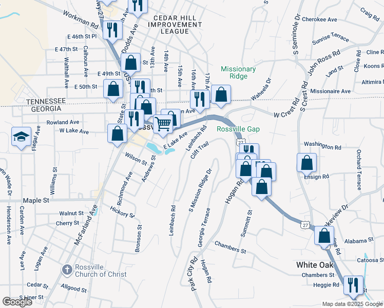 map of restaurants, bars, coffee shops, grocery stores, and more near 25 Clift Trail in Rossville