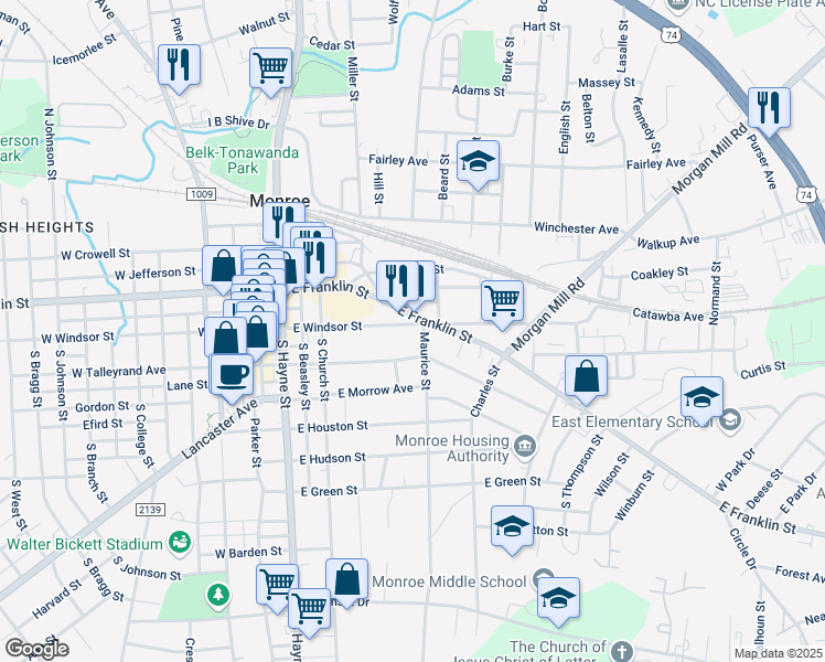 map of restaurants, bars, coffee shops, grocery stores, and more near 300 East Windsor Street in Monroe