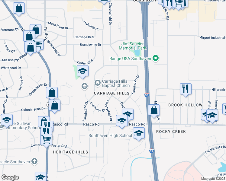 map of restaurants, bars, coffee shops, grocery stores, and more near 980 Hindman Cove in Southaven