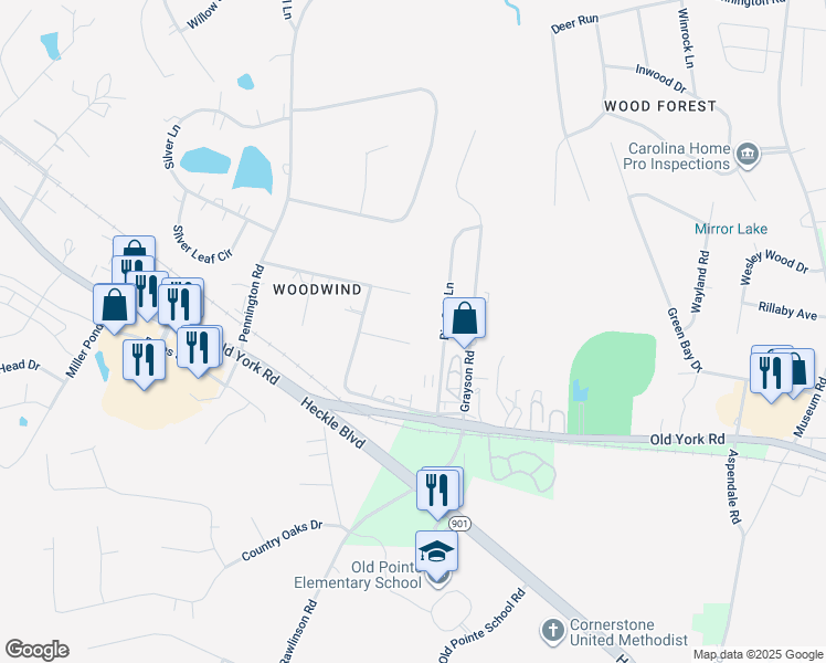 map of restaurants, bars, coffee shops, grocery stores, and more near 4656 Windfield Court in Rock Hill