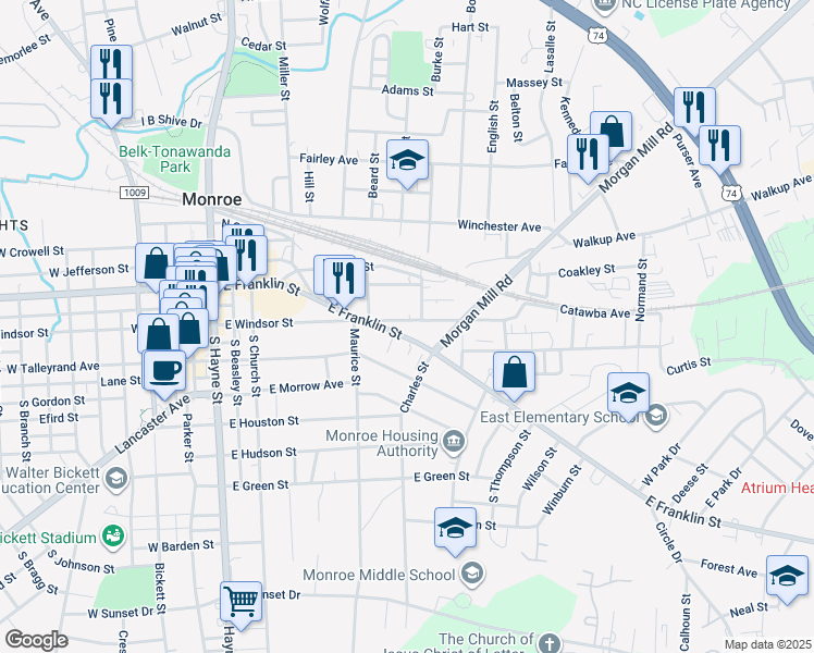 map of restaurants, bars, coffee shops, grocery stores, and more near 359 East Franklin Street in Monroe