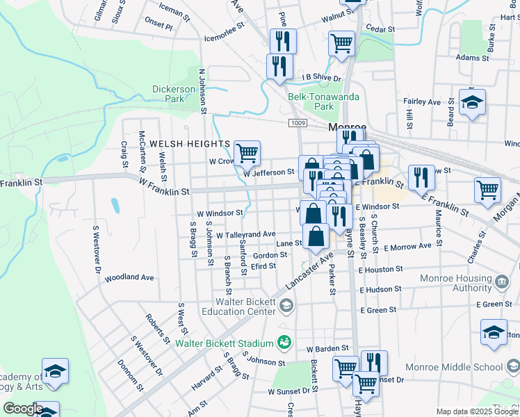 map of restaurants, bars, coffee shops, grocery stores, and more near 508 West Windsor Street in Monroe