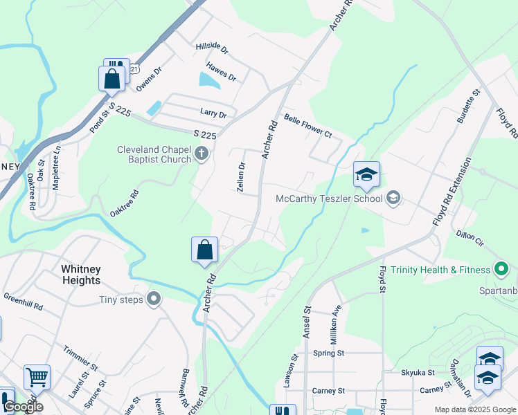 map of restaurants, bars, coffee shops, grocery stores, and more near 670 Archer Road in Spartanburg
