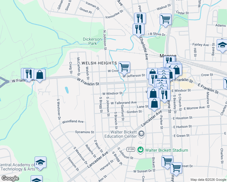 map of restaurants, bars, coffee shops, grocery stores, and more near 104A North Johnson Street in Monroe