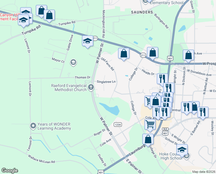 map of restaurants, bars, coffee shops, grocery stores, and more near 245 Appletree Lane in Raeford