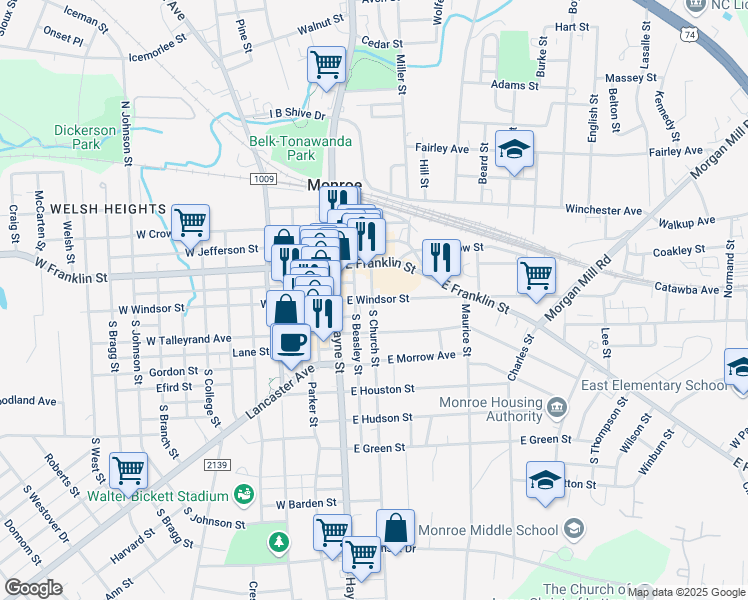 map of restaurants, bars, coffee shops, grocery stores, and more near 300 East Windsor Street in Monroe