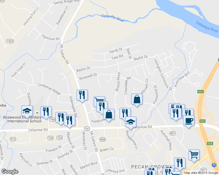 map of restaurants, bars, coffee shops, grocery stores, and more near 332 Brandy Vine Drive in Rock Hill