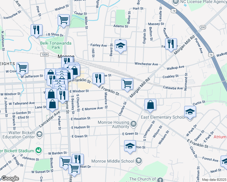 map of restaurants, bars, coffee shops, grocery stores, and more near 359 East Franklin Street in Monroe