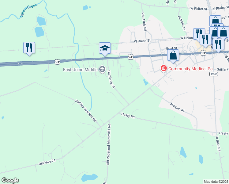 map of restaurants, bars, coffee shops, grocery stores, and more near 842 Lakeview Drive in Marshville