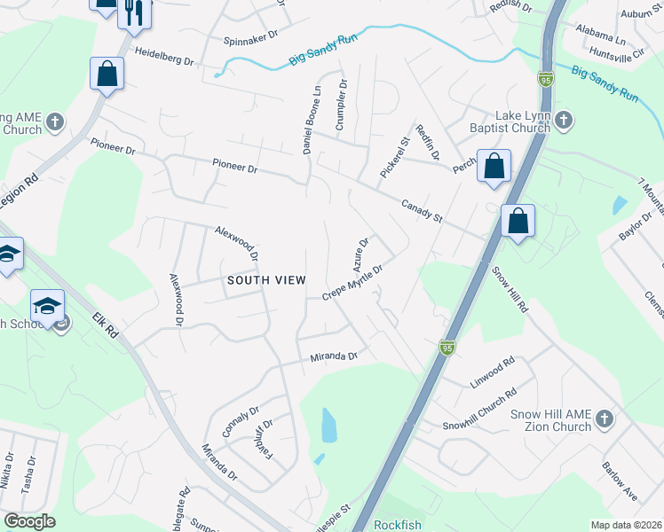 map of restaurants, bars, coffee shops, grocery stores, and more near 2930 Highplains Drive in Hope Mills