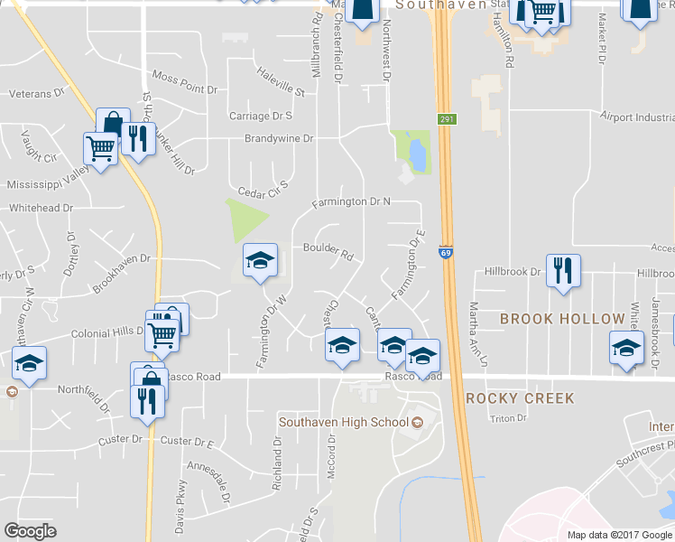 map of restaurants, bars, coffee shops, grocery stores, and more near 980 Hindman Cove in Southaven