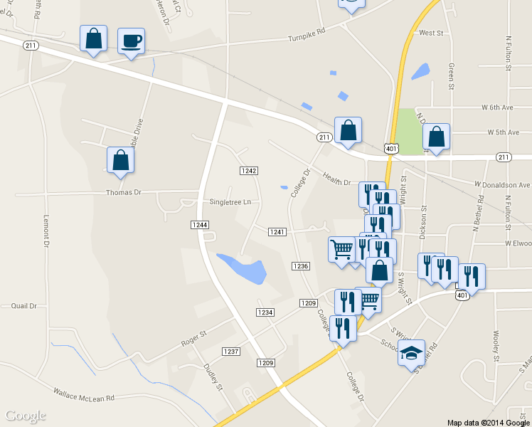 map of restaurants, bars, coffee shops, grocery stores, and more near 210 Old Farm Road in Raeford