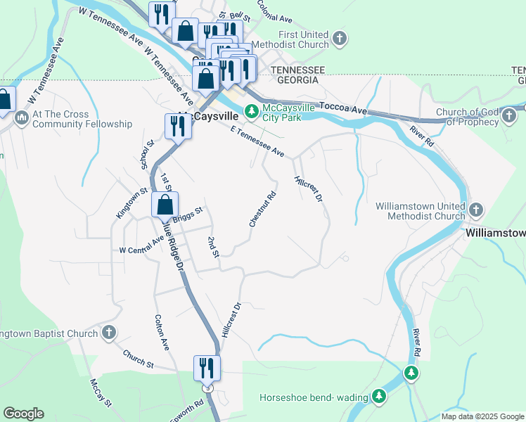 map of restaurants, bars, coffee shops, grocery stores, and more near 455 Chestnut Road in McCaysville