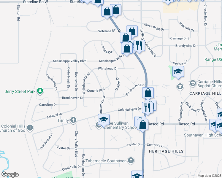 map of restaurants, bars, coffee shops, grocery stores, and more near 8282 Sara Cove in Southaven