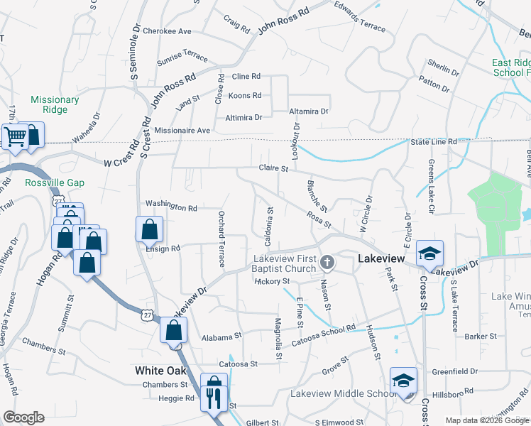 map of restaurants, bars, coffee shops, grocery stores, and more near 817 Caldonia Street in Rossville