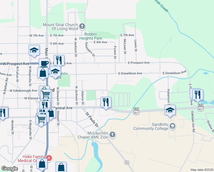 map of restaurants, bars, coffee shops, grocery stores, and more near 304 Crawford Street in Raeford