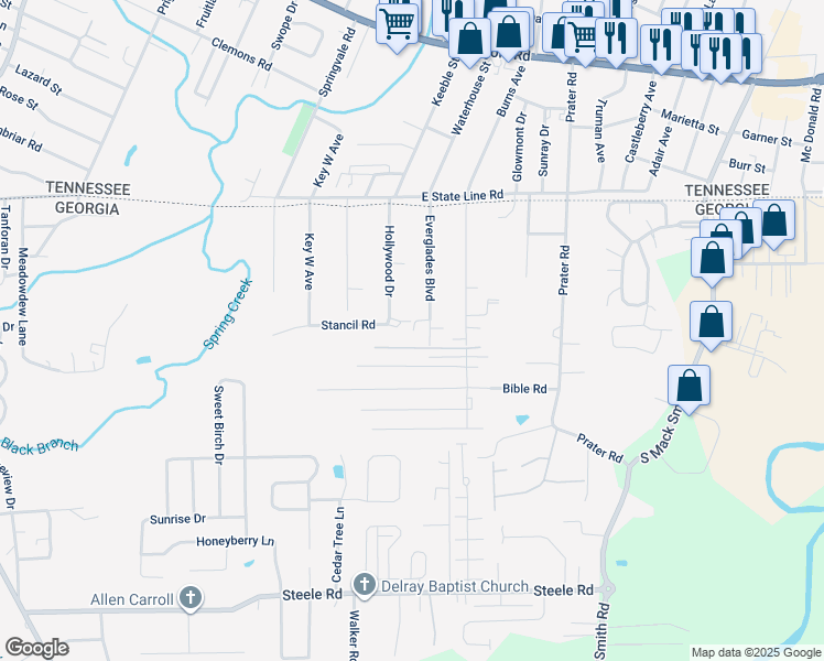 map of restaurants, bars, coffee shops, grocery stores, and more near 61 Ota Kay Lane in Rossville