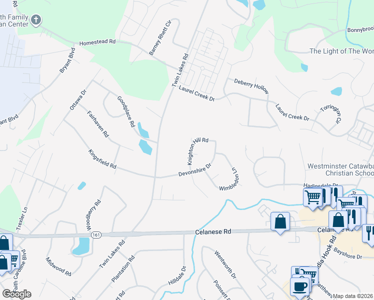 map of restaurants, bars, coffee shops, grocery stores, and more near 635 Knighton Hill Road in Rock Hill