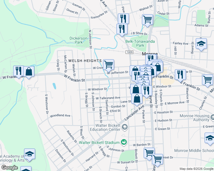map of restaurants, bars, coffee shops, grocery stores, and more near 609 West Morgan Street in Monroe