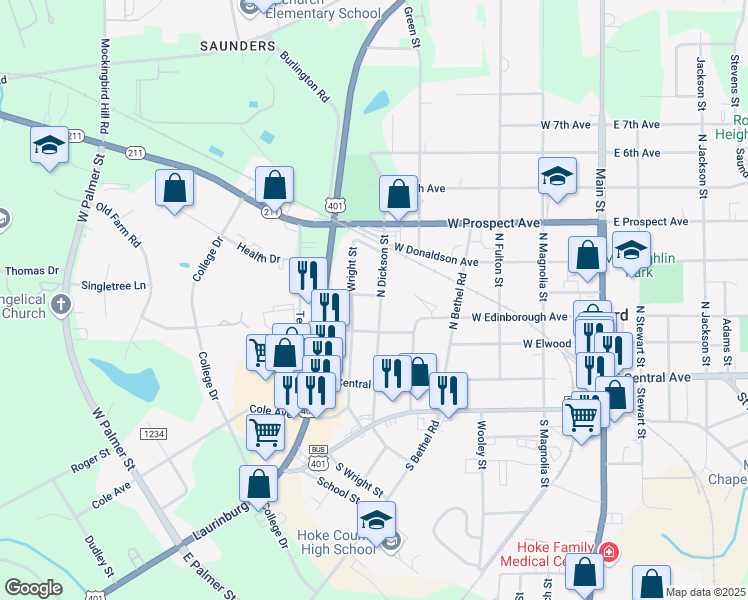 map of restaurants, bars, coffee shops, grocery stores, and more near 319 North Dickson Street in Raeford