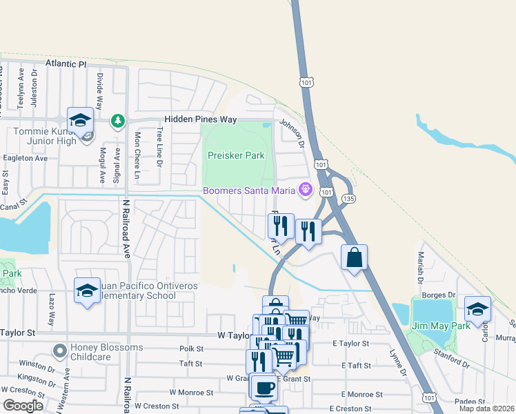 map of restaurants, bars, coffee shops, grocery stores, and more near 2212 Chestnut Lane in Santa Maria
