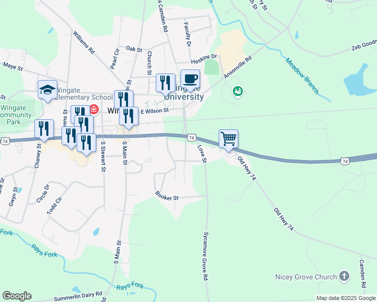 map of restaurants, bars, coffee shops, grocery stores, and more near 107 South Camden Street in Wingate