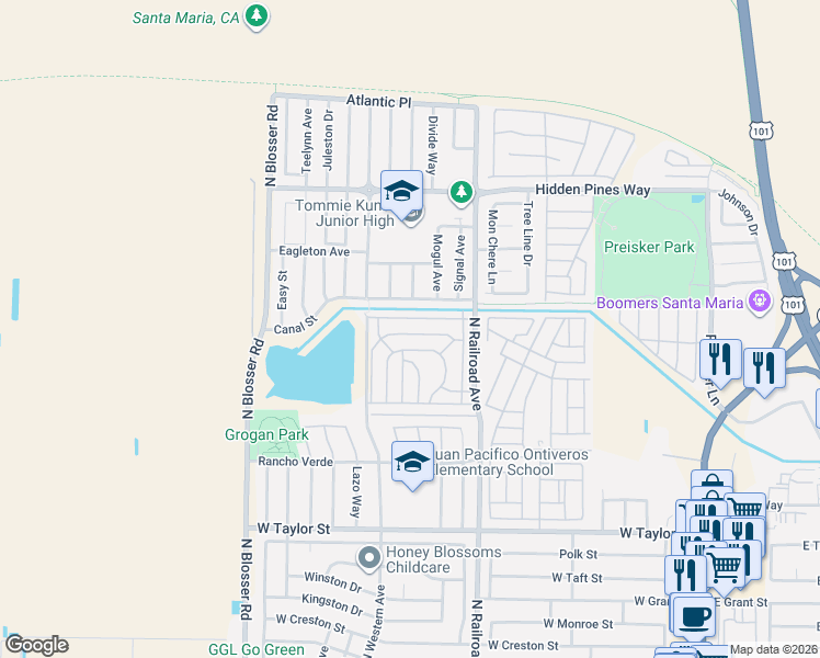 map of restaurants, bars, coffee shops, grocery stores, and more near 907 Vista Del Sol in Santa Maria
