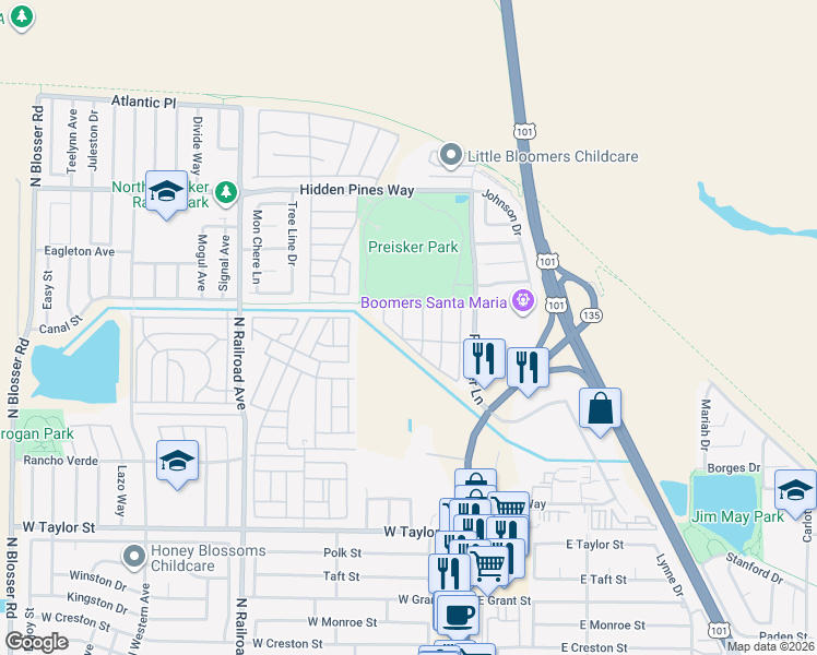 map of restaurants, bars, coffee shops, grocery stores, and more near 2210 Iliff Lane in Santa Maria