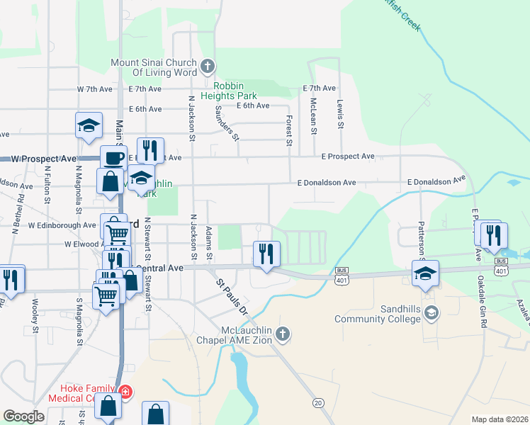 map of restaurants, bars, coffee shops, grocery stores, and more near 304 Crawford Street in Raeford