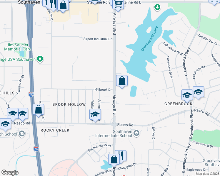 map of restaurants, bars, coffee shops, grocery stores, and more near 62 Hillbrook Drive in Southaven
