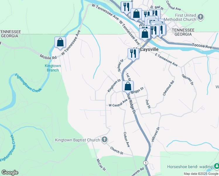 map of restaurants, bars, coffee shops, grocery stores, and more near 128 Kingtown Street in McCaysville