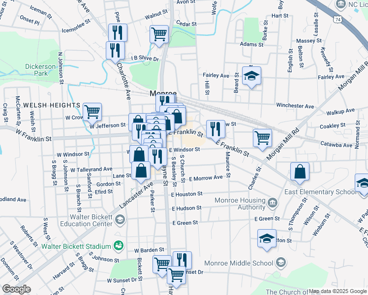 map of restaurants, bars, coffee shops, grocery stores, and more near 318 East Franklin Street in Monroe